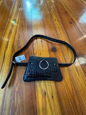 Faux Black Croc-Embossed Belt Bag with Silver Ring Accent